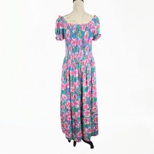 Chenault Daisy & Violet Floral Smocked Tiered Peasant Dress Pink Blue Wmn's L